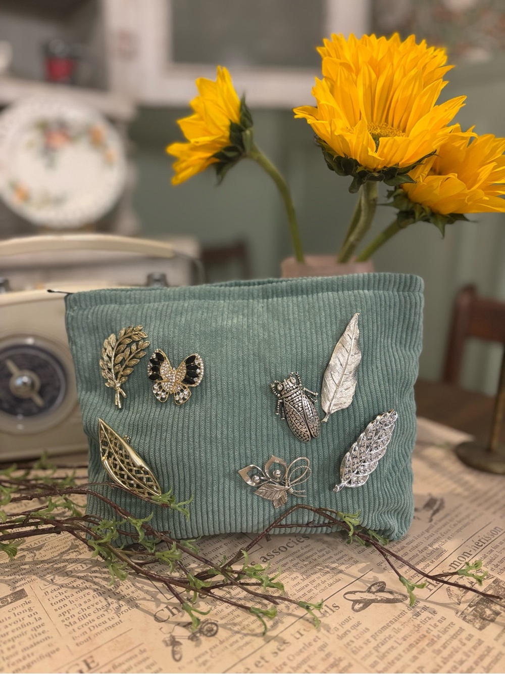 Corduroy Pouch with Gold & Silver Brooch Accents - Sage Green